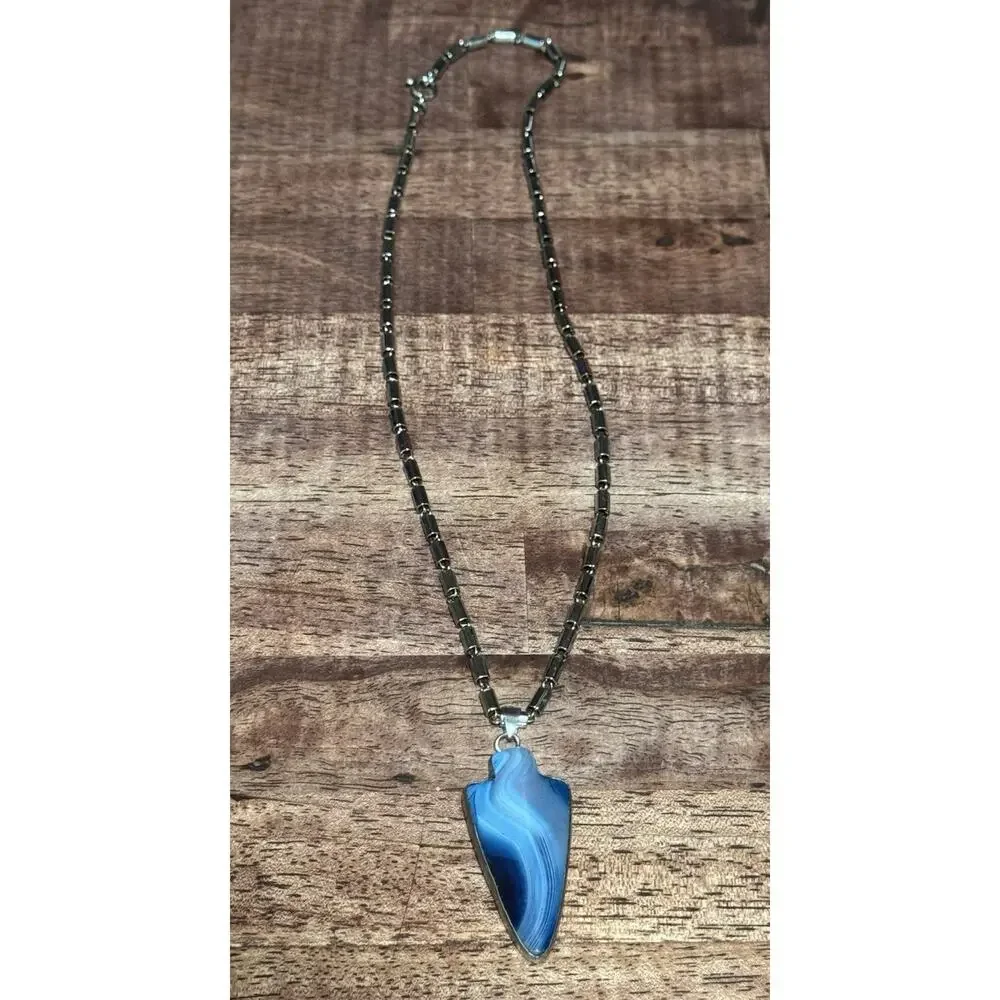 Blue Agate Arrowhead Necklace Pendant
